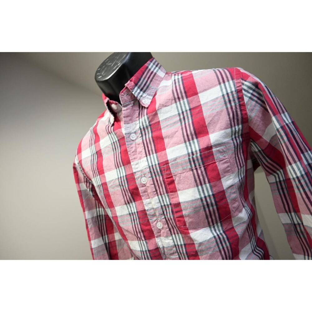 J Crew Flex Wash Dress Shirt‎ Mens Small Red White Plaid Button Up Excellent